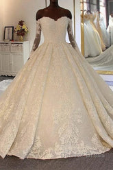 Long Ball Gown Sweetheart Lace Beading Wedding Dresses with Sleeves